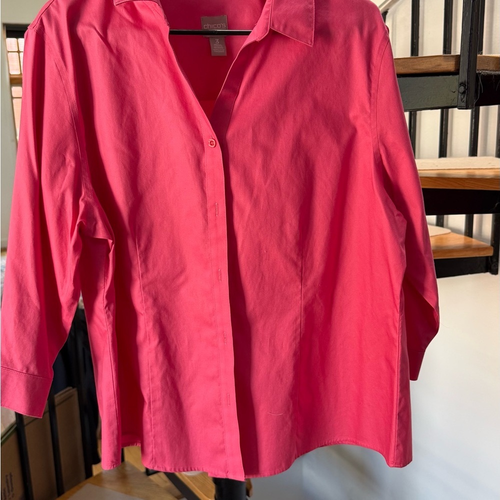 Chico's Blouse 100% cotton non-iron hidden button-up 2/3 sleeves Pink  3 (XL-16) - Picture 5 of 7